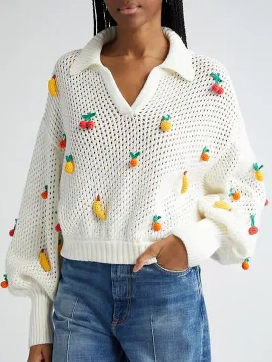FARM Rio Tops - FARM Rio Open Stitch Crochet Fruit Cotton Sweater White - XS